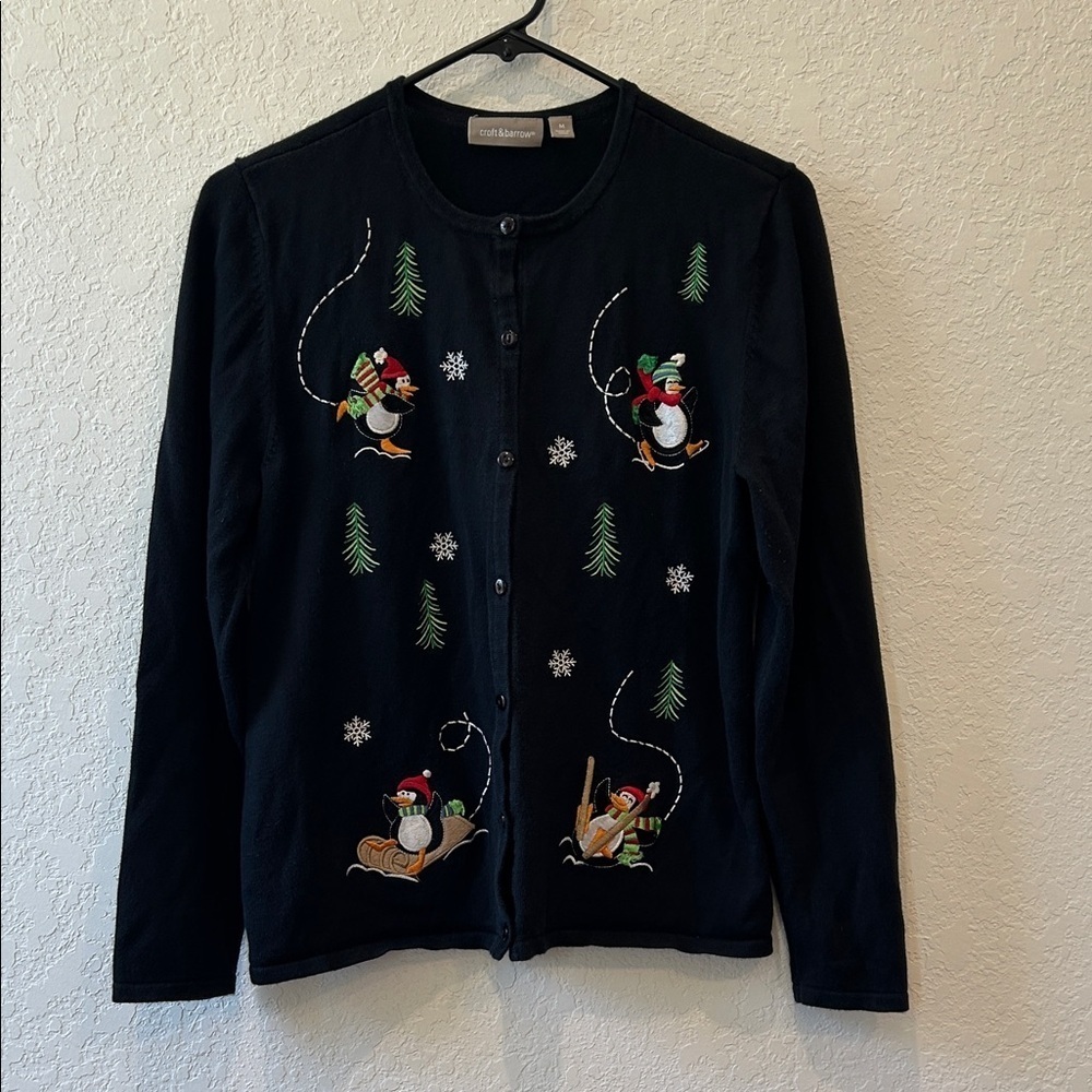 Croft & Barrow Black Christmas Cardigan with Penguins, Trees, and Snowflakes